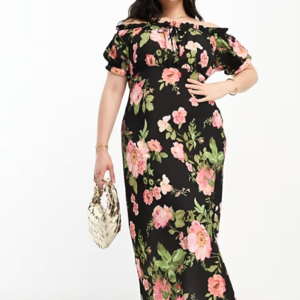 NWT ASOS Curve Square Neck Midi Dress in Rose Floral Size 14